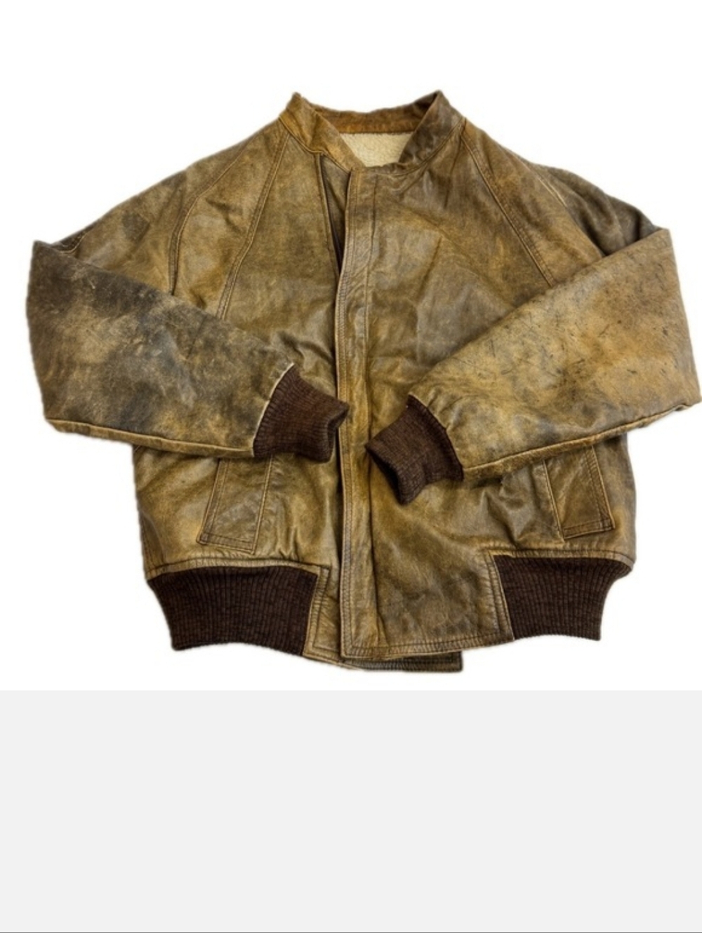 Vera Pelle Jacket Men Large Brown Distressed Leather Bomber Faux Shearling Lined